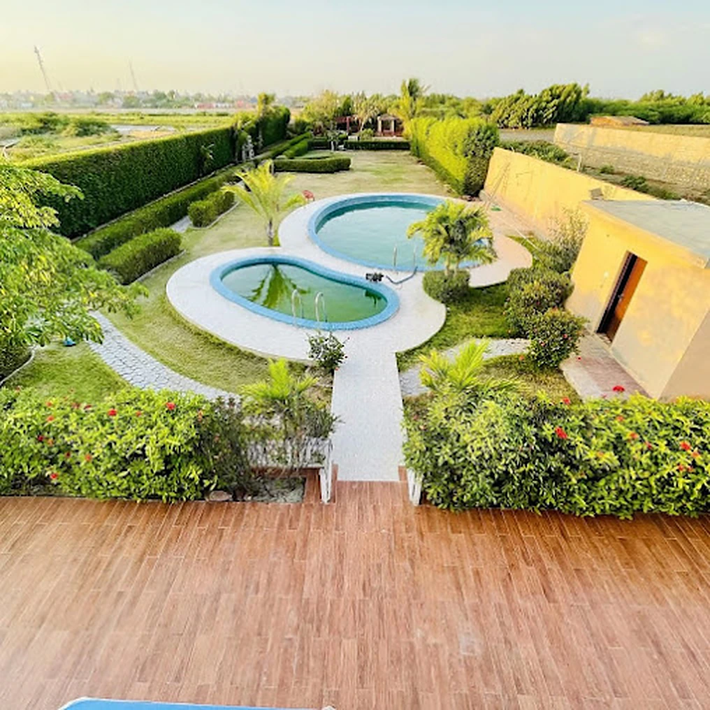 Twin curved swimming pools surrounded by lawns and palms at Agha Farmhouse